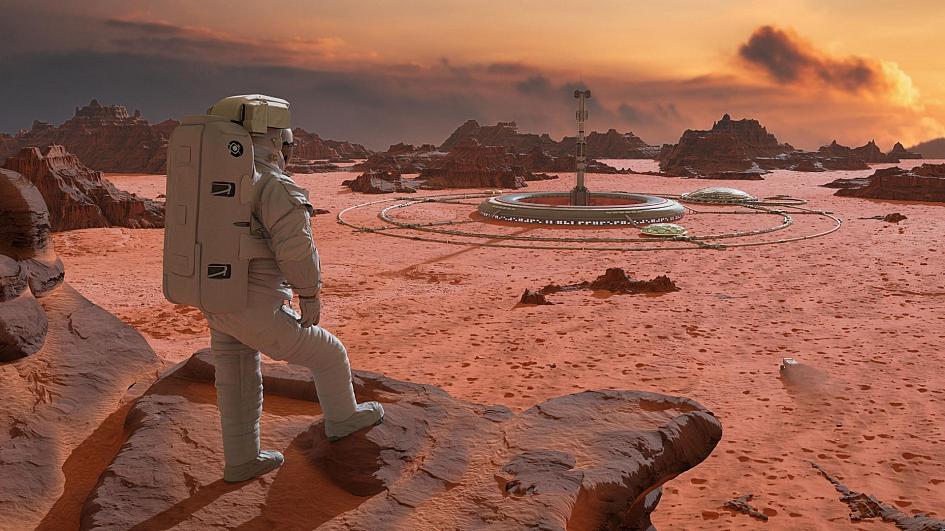 Astronaut in red dust looking at Mars station